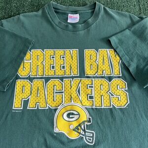 Vintage Hanes NFL Green Bay Packers T-Shirt Large Green Single Stitch Helmet 90s